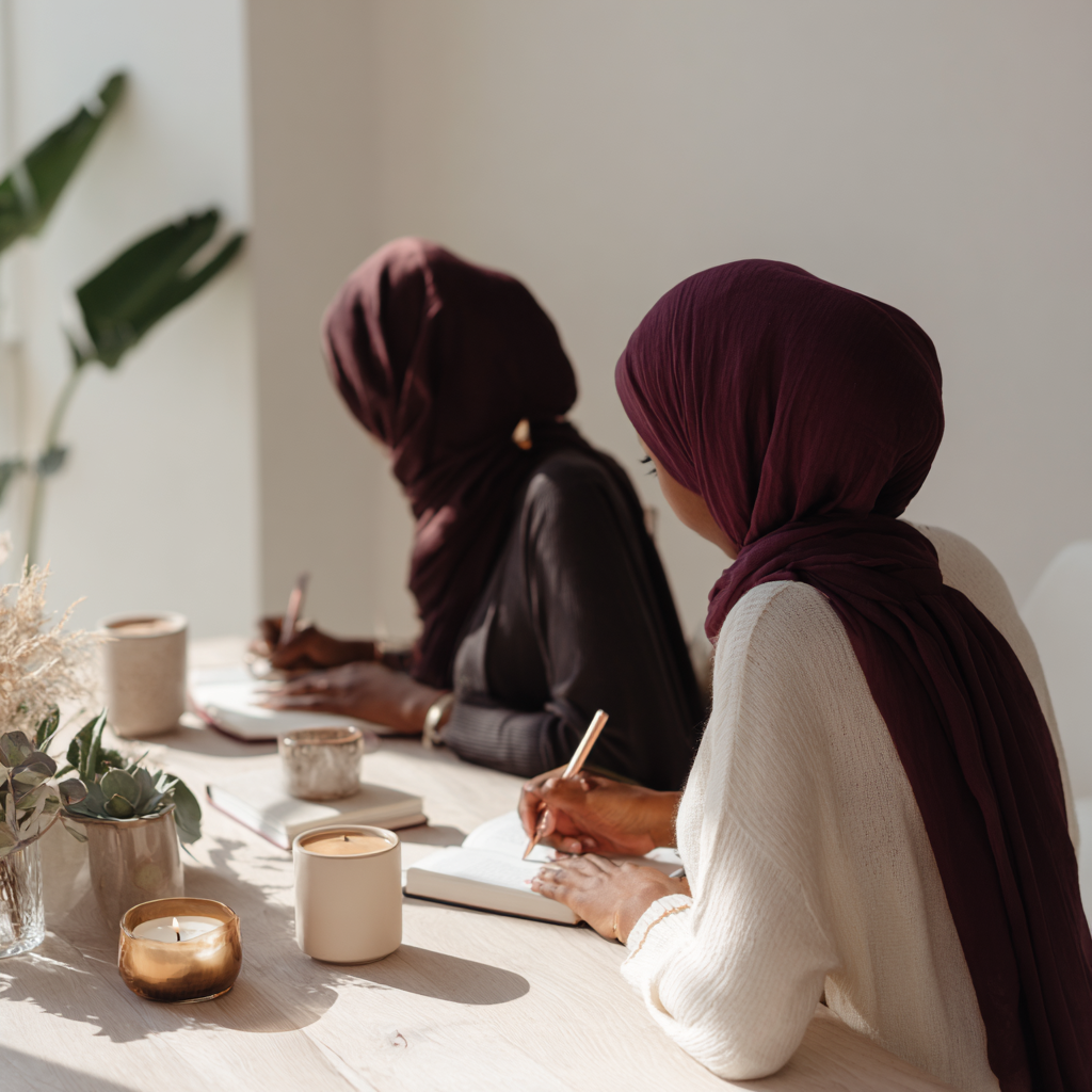Deux femme voilées qui travaillent sur un bureau